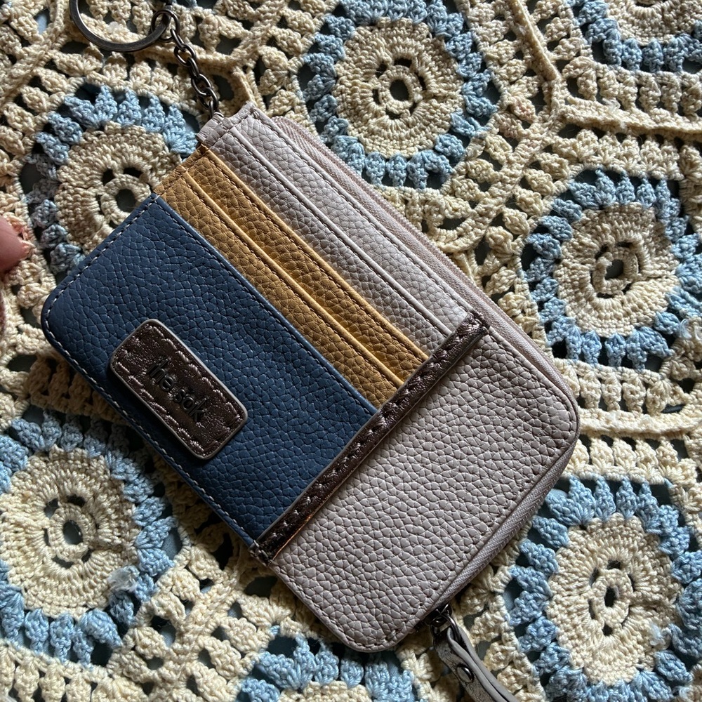 Leather Card Holder Keychain in Blue, Taupe & Mustard